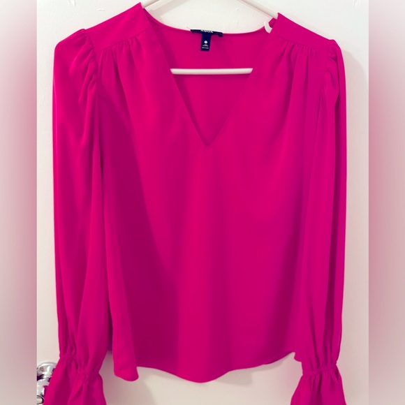 Hot pink! Puff-sleeved V-Neck Blouse! - Picture 1 of 2